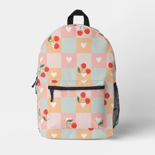 Pastel Cherry and Heart Checkered Pattern Printed Backpack (Front)