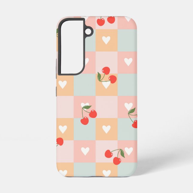 Pastel Cherry and Heart Checkered Pattern Samsung Galaxy Case (Back)