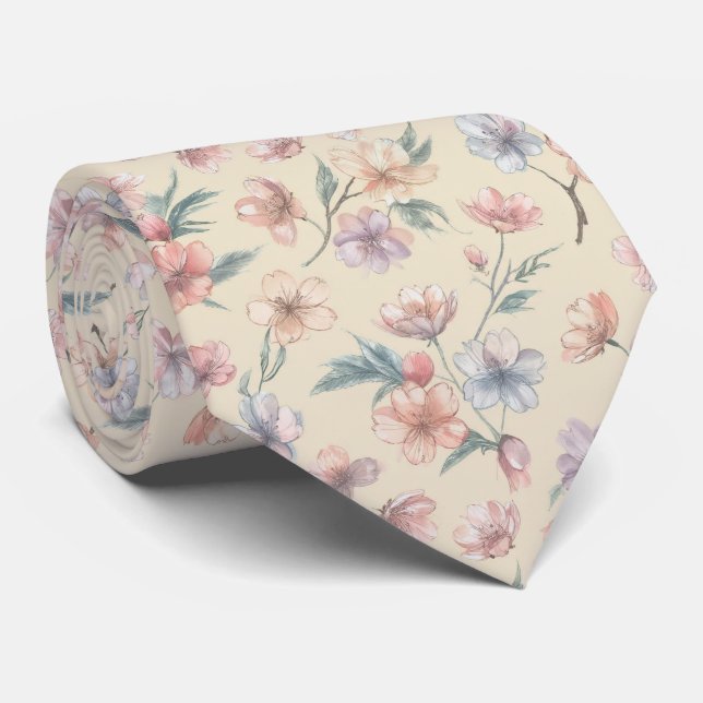 Pastel Cherry Blossom Drift Pattern Neck Tie (Rolled)