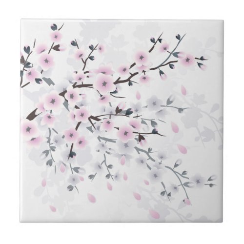 Pastel Cherry Blossom Floral Illustrative Ceramic Tile
