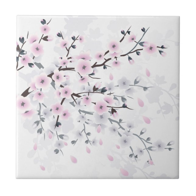 Pastel Cherry Blossom Floral Illustrative Ceramic Tile (Front)