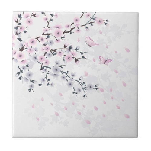 Pastel Cherry Blossom Landscape Ceramic Tile