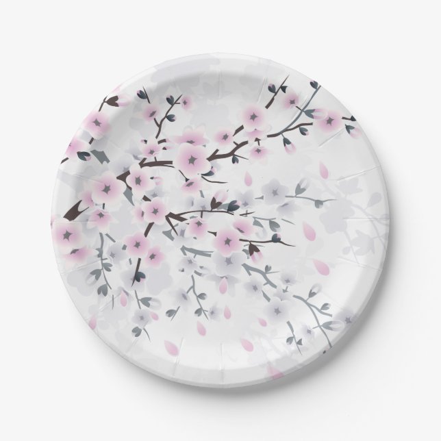 Pastel Cherry Blossom Landscape Paper Plates (Front)