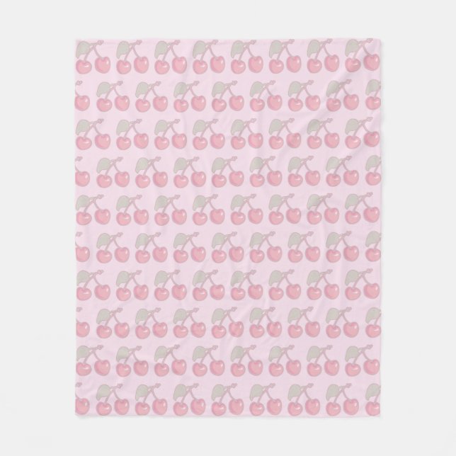 Pastel Cherry Pattern on Pink Fleece Blanket (Front)