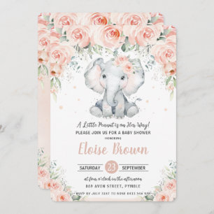 Pastel Chic Blush Floral Elephant Baby Shower Invitation