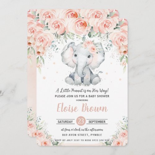 Pastel Chic Blush Floral Elephant Baby Shower  Invitation