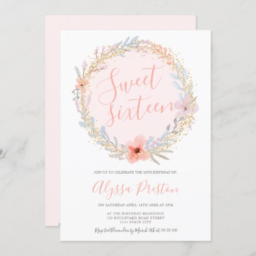 Pastel chic floral watercolor yellow gold Sweet 16 Invitation