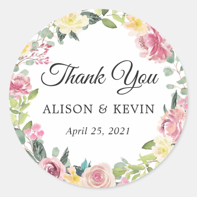 Pastel Chic Floral Wreath Wedding Favor Thank You Classic Round Sticker (Front)