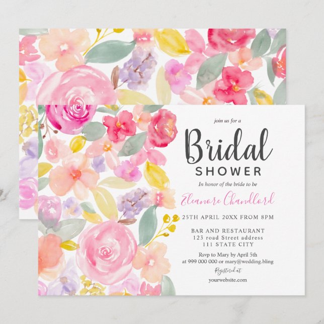 Pastel chic pink floral watercolor bridal shower invitation (Front/Back)