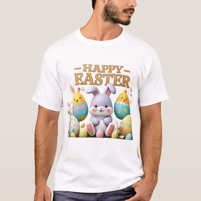 Pastel Chick and Bunny in Egg Happy Easter T-Shirt (Front)