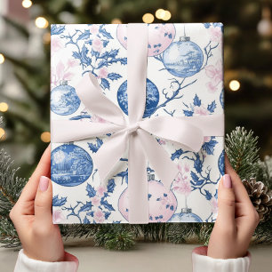 Pastel Chinoiserie Blue & Pink Christmas Ornament Wrapping Paper