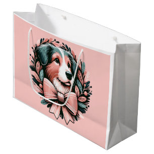 Pastel Christmas Australian Shepherd Wreath Large Gift Bag