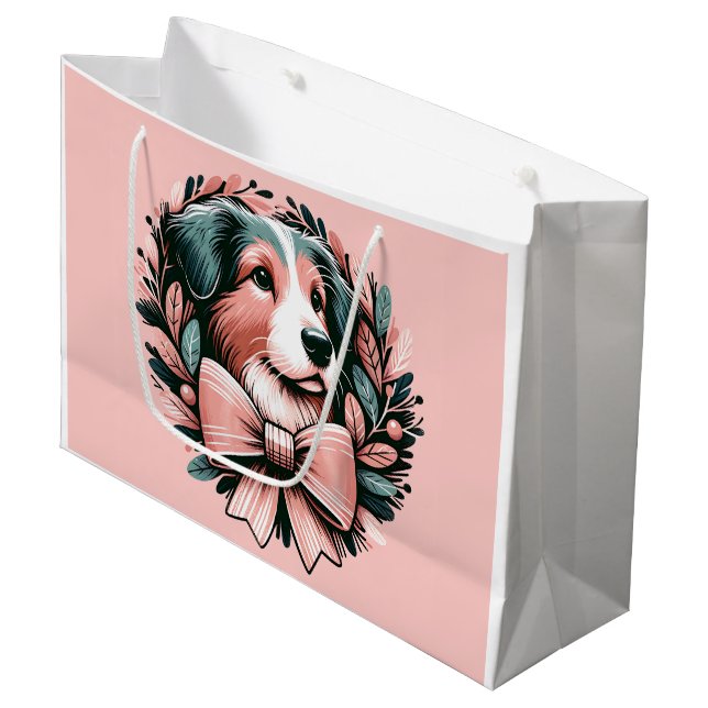 Pastel Christmas Australian Shepherd Wreath Large Gift Bag (Front Angled)