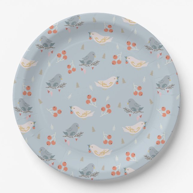 Pastel Christmas Birds Seamless Pattern Paper Plates (Front)