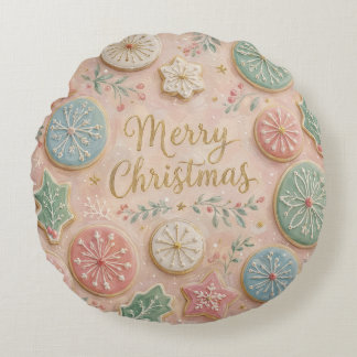 Pastel Christmas Cookies Merry Christmas Snowflake Round Pillow