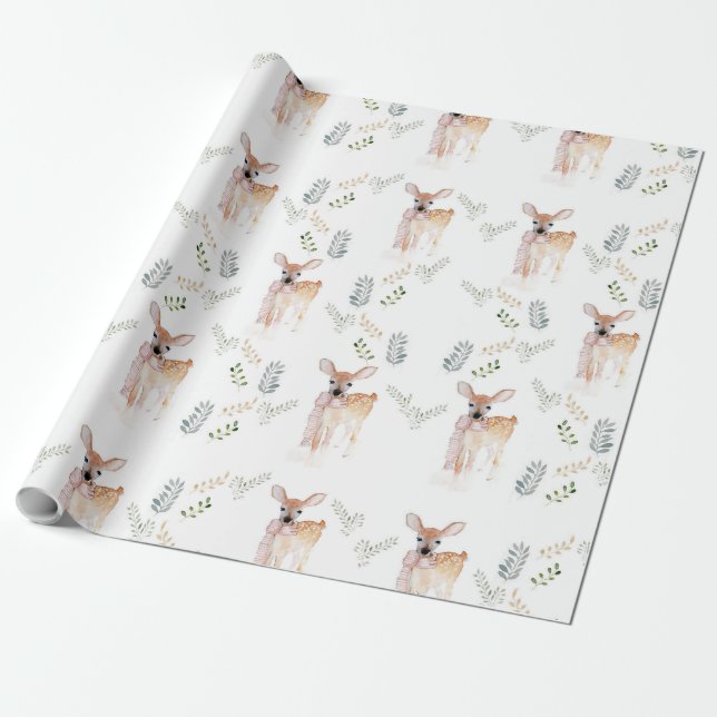Pastel Christmas Cute Deer Fawn Wrapping Paper (Unrolled)
