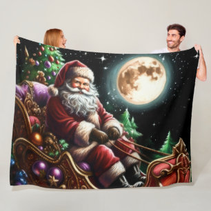 Pastel Christmas Holiday Santa Claus Sleigh Fleece Blanket