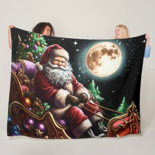 Pastel Christmas Holiday Santa Claus Sleigh Fleece Blanket