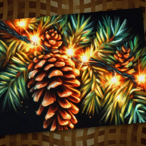 Pastel Christmas Holiday String Light Pinecone Card