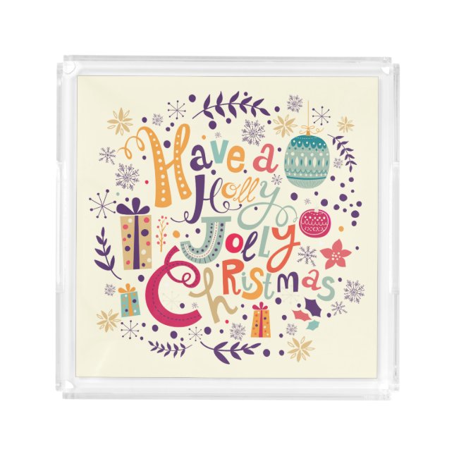 Pastel Christmas Holly Jolly Text Design Acrylic Tray (Front)