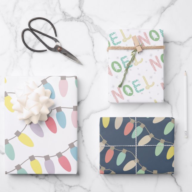 Pastel Christmas Lights Noel Holiday Wrapping Paper Sheets (Front)