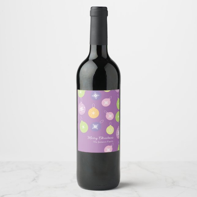 Pastel Christmas Ornaments Snowflakes Violet    Wine Label (Front)