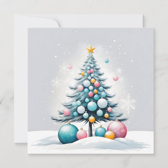 Pastel Christmas | Oversized Blue Pink Ornaments Holiday Card (Front)