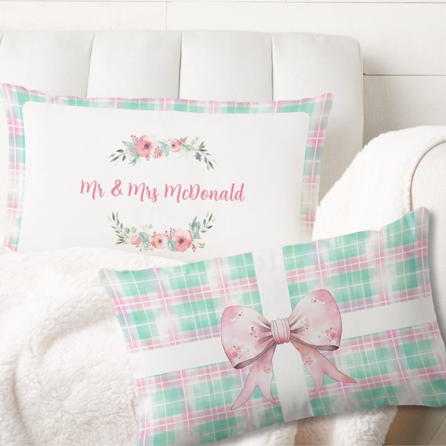 Pastel Christmas Personalized Name Cottage Pink  Lumbar Pillow (Pastel Christmas Personalized Name Cottage Pink  Lumbar Pillow mr & mrs family country cottagecore)