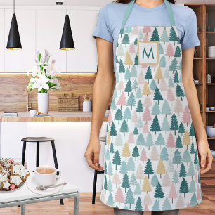 Pastel Christmas Pine Trees Monogrammed Kitchen Apron