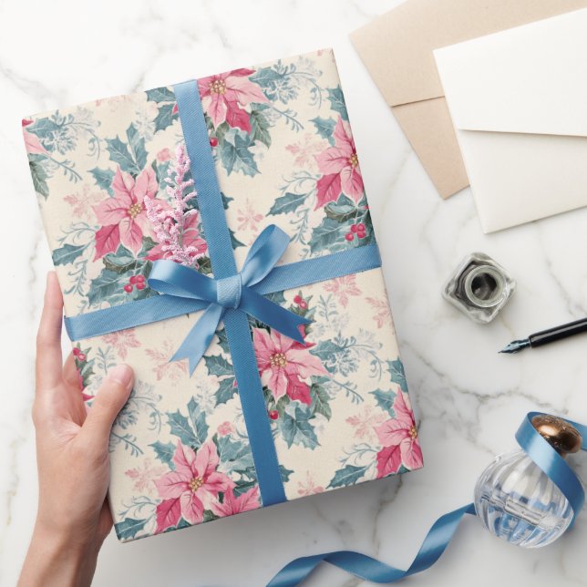 Pastel Christmas Poinsettia Holiday Pattern Wrapping Paper (Gifting)