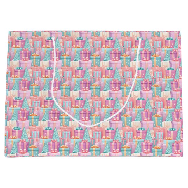 Pastel Christmas Presents and Trees Paper Large Gift Bag (Front)