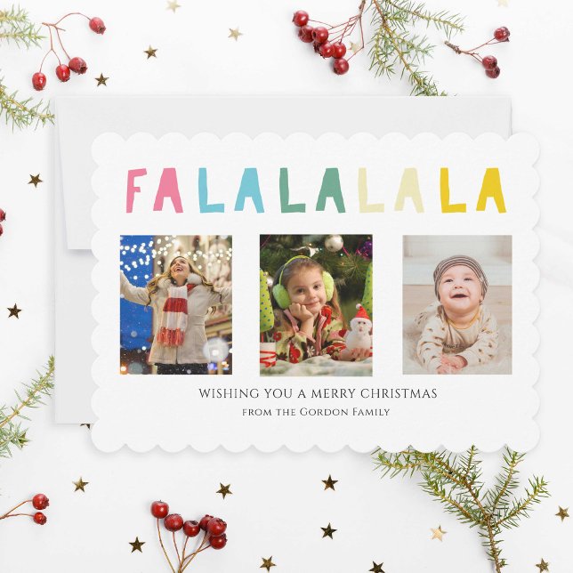 Pastel Christmas Quote Fa La La 3 Photo Collage Holiday Card (Creator Uploaded)