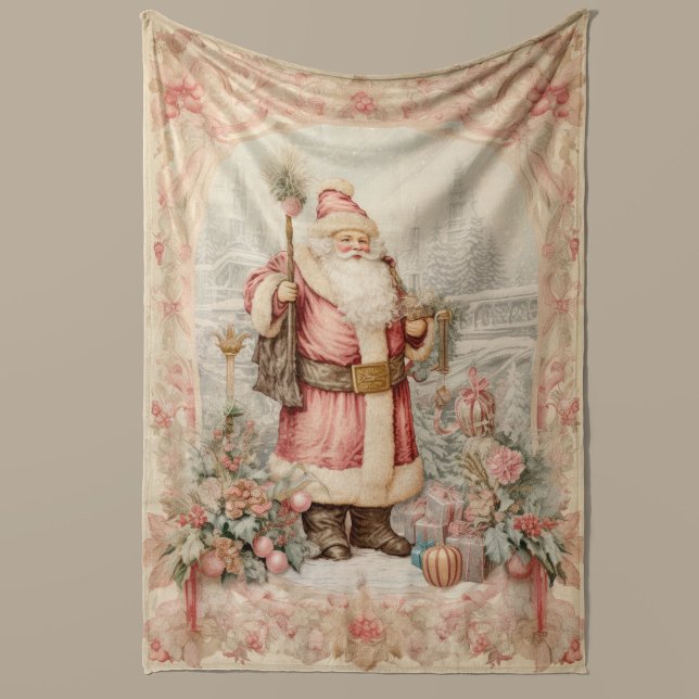 Pastel Christmas Retro Santa Claus Home Decor   Fleece Blanket (Antique Vintage Style Christmas Blanket Soft and Cozy retro fleece blanket in pastel colors, Gift )