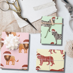 Pastel Christmas Safari Animals   Lion Zebra Tiger Wrapping Paper Sheets