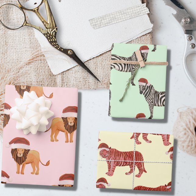 Pastel Christmas Safari Animals | Lion Zebra Tiger Wrapping Paper Sheets (Creator Uploaded)