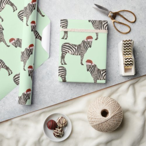 Pastel Christmas Safari Animals Mint Zebra Wrapping Paper