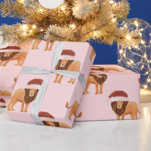 Pastel Christmas Safari Animals Pink Lion  Wrapping Paper