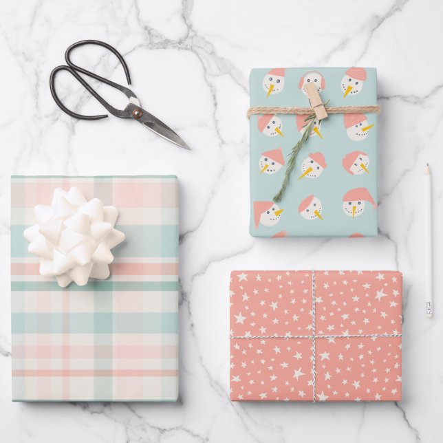 Pastel Christmas Snowmen Stars Plaid Wrapping Paper Sheets (Front)