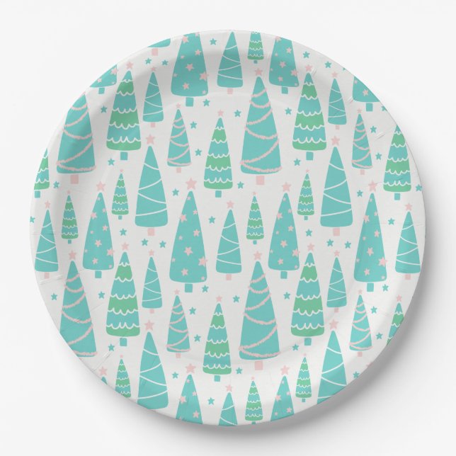 Pastel Christmas Tree Forest Paper Plates (Front)