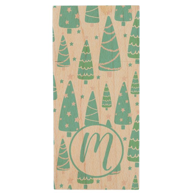 Pastel Christmas Tree Forest Wood Flash Drive (Front Vertical)