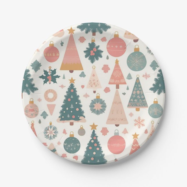 Pastel Christmas Tree Ornaments Holiday Paper Plates (Front)