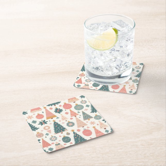 Pastel Christmas Tree Ornaments Holiday Square Paper Coaster (Insitu)