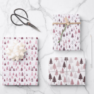 Pastel Christmas Tree Pattern Burgundy and Silver Wrapping Paper Sheets