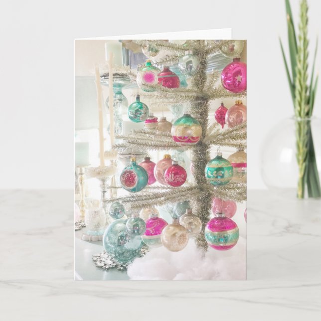 Pastel Christmas Tree with Vintage Ornaments Card (Front)