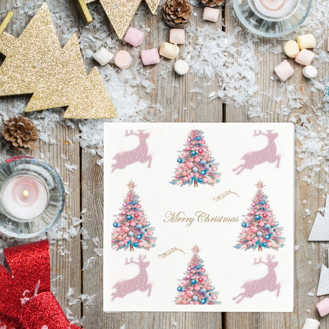 Pastel Christmas Trees and Reindeer Christmas Napkins (Pastel Christmas Trees and Reindeer Christmas Paper Napkins by the Olde Christmas Shoppe)
