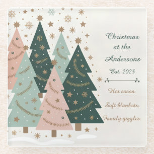 Pastel Christmas Trees Personalized Holiday Glass Coaster