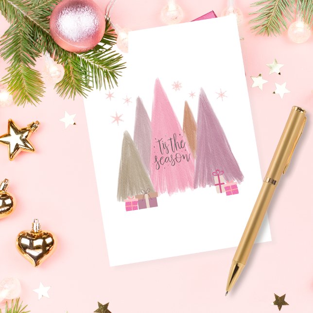 Pastel Christmas Trees 'Tis the Season Holiday Card (The perfect pink holiday card for those who love pink.)
