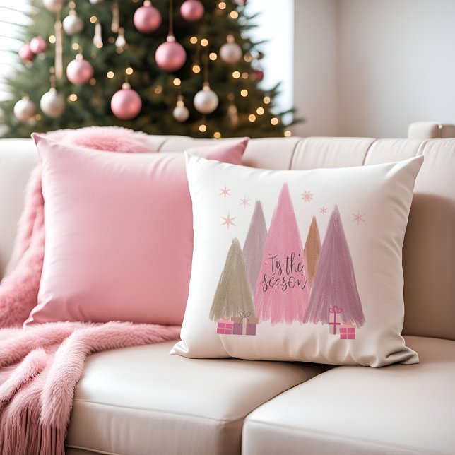 Pastel Christmas Trees 'Tis the Season Throw Pillow ('Tis the Season to decorate! This pretty pillow will complement any room with pastel or pink decor. )