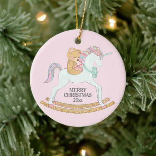 Pastel  Christmas Unicorn Rocking Horse on Pink Ceramic Ornament
