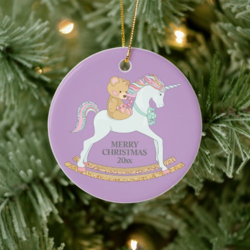 Pastel  Christmas Unicorn Rocking Horse on Purple Ceramic Ornament